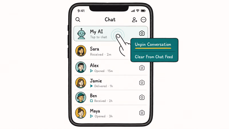 Long-press menu on Snapchat showing Unpin Conversation and Clear From Chat Feed options