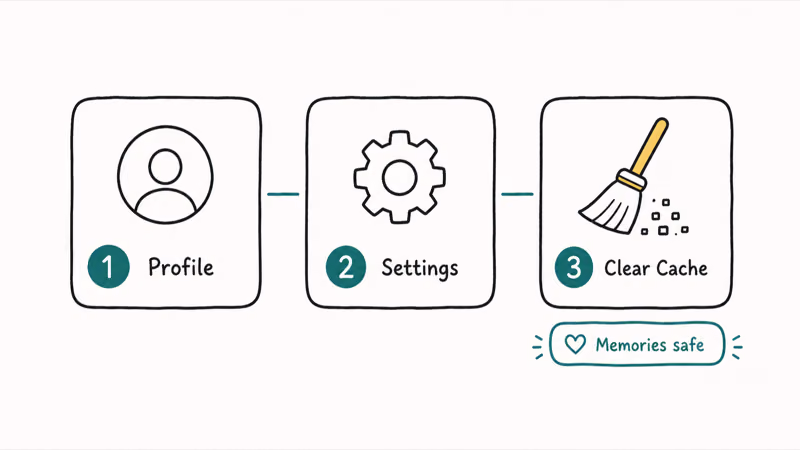 Three step cards showing profile, settings gear, then clear cache with a memories-safe note