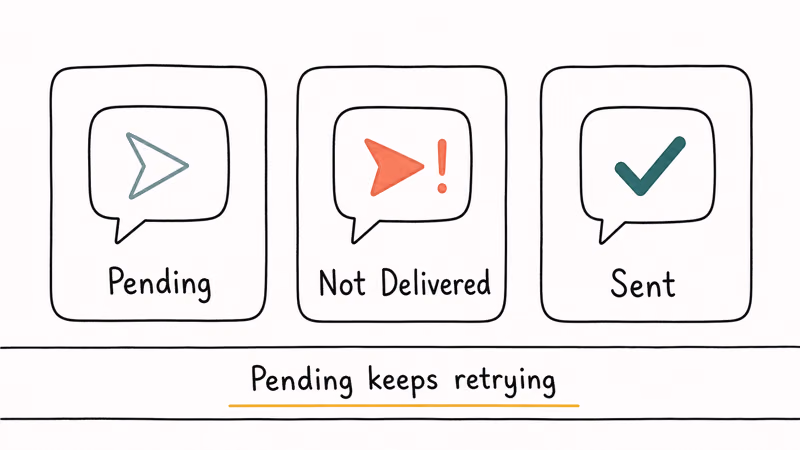 Three Snapchat status rows comparing grey pending arrow, red not delivered, and sent checkmark states