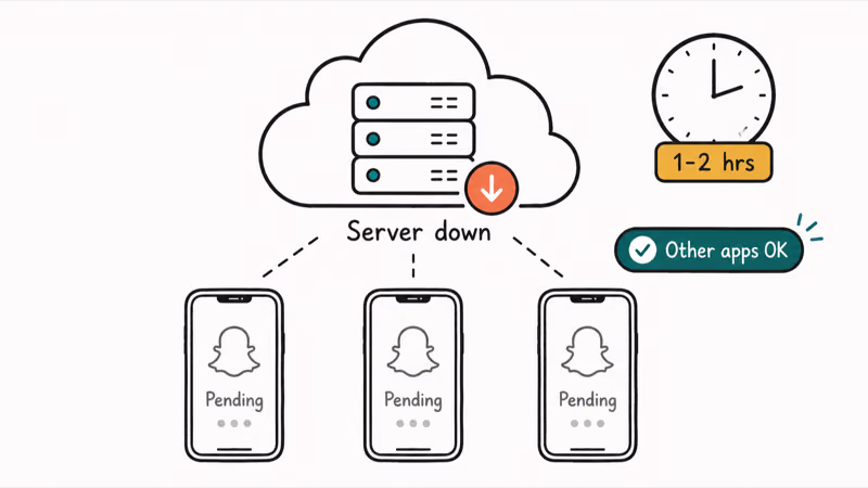 Snapchat server cloud marked down while several phones show pending snaps and other apps stay online