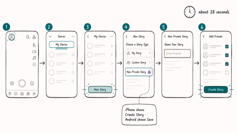 Six stacked iPhone screens showing the profile path to create a Snapchat Private Story.