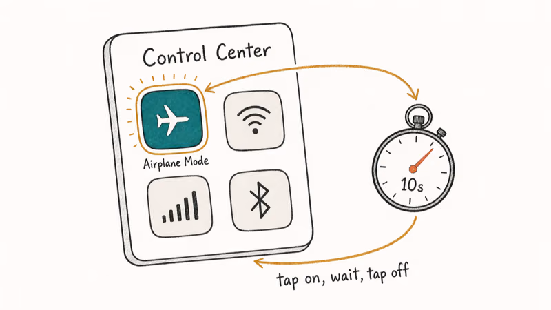 Hand-drawn iPhone Control Center showing airplane mode tile highlighted with ten second timer