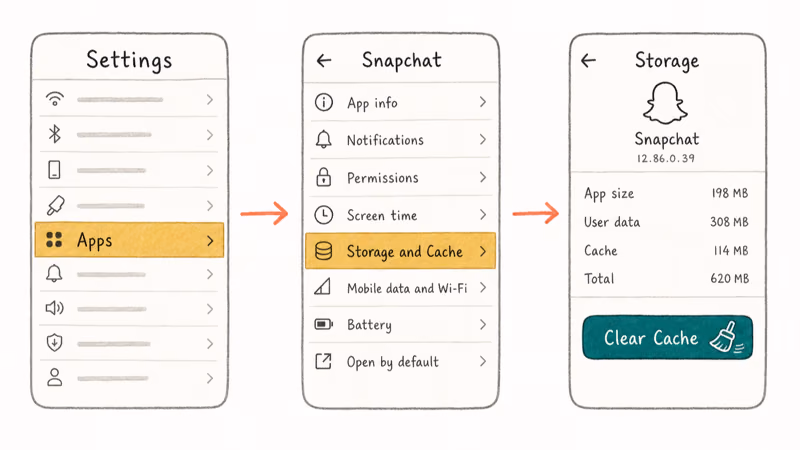 Hand-drawn three step Android settings path leading to Snapchat clear cache button highlighted