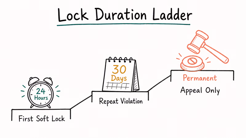 Three-rung ladder diagram showing 24-hour soft lock 30-day repeat lock and permanent ban escalation.