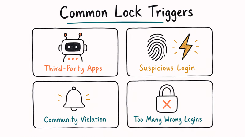 Four-card grid showing Snapchat lock triggers third-party apps suspicious logins community violations and bad logins.