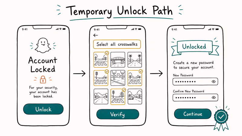 Three-screen flow showing Snapchat temporary unlock from lock screen through captcha to new password.