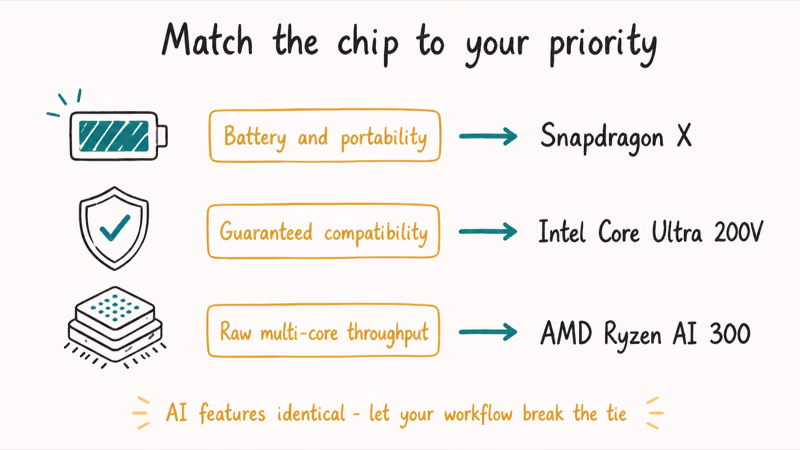 Decision map matching battery to Snapdragon compatibility to Intel and multi-core power to AMD