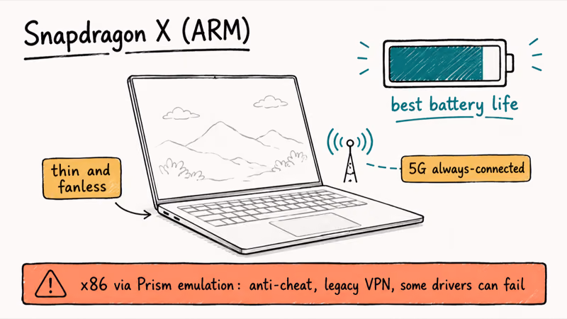 Snapdragon X ARM laptop with leading battery life 5G modem and emulation compatibility caution