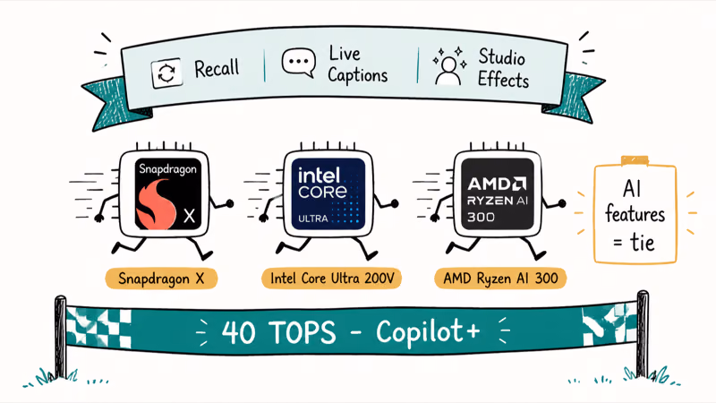 Three laptop chips Snapdragon Intel and AMD crossing the forty TOPS Copilot Plus line