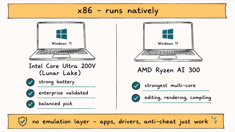 Intel and AMD x86 laptops running Windows apps drivers and anti-cheat tools natively without emulation
