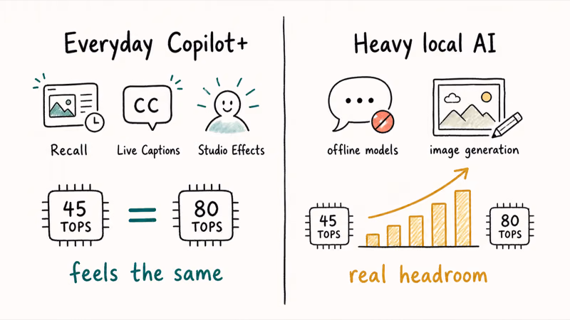 Two panels showing everyday Copilot features feel equal while heavy local AI gains NPU headroom