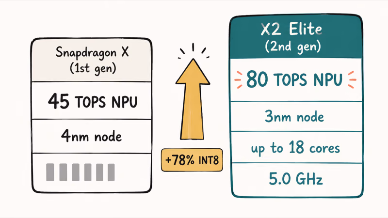 Side-by-side card comparing first-gen Snapdragon X and X2 Elite NPU, node, cores, and clock