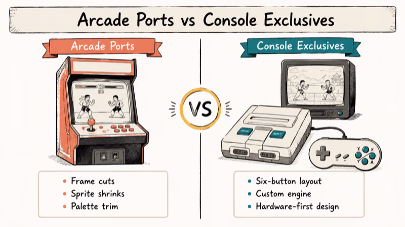 Hand-drawn comparison of arcade port and SNES console exclusive fighting game design tradeoffs.