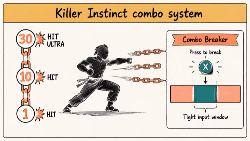 Hand-drawn Killer Instinct combo counter rising to thirty hits beside a Combo Breaker timing window.