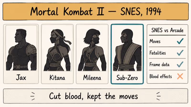 Hand-drawn Mortal Kombat II SNES roster with cut content versus retained features comparison panel.