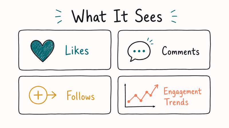 Four-card grid showing Snoopreport tracked signals likes comments follows and engagement trends.