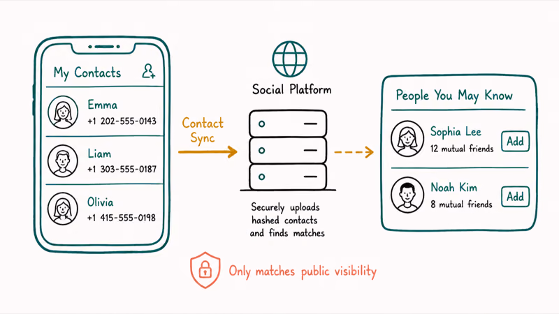 Data flow showing phone contacts uploaded for sync producing platform suggestions filtered by public visibility