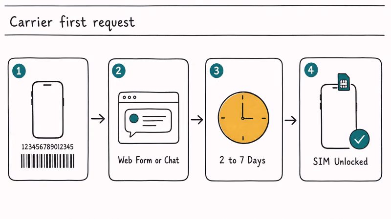 Four step carrier unlock flow showing IMEI capture web form submit waiting period and unlocked SIM check.