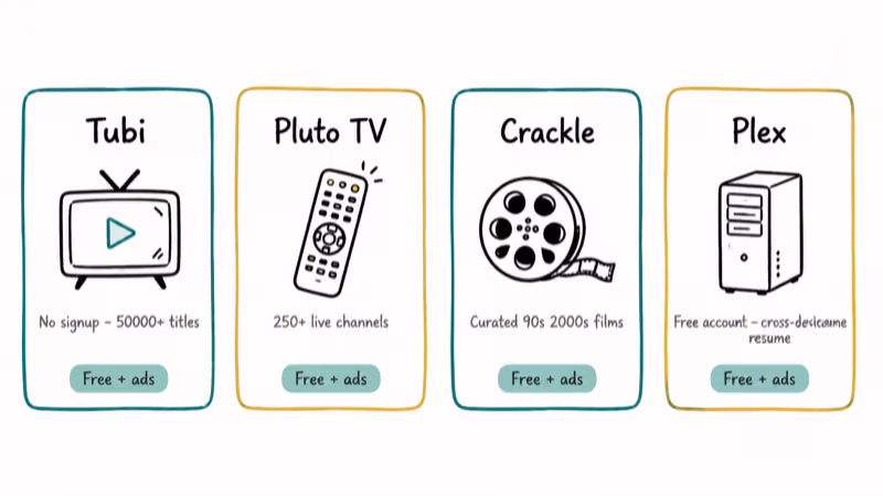 Hand-drawn cards comparing four free legal streamers Tubi Pluto TV Crackle and Plex with key features
