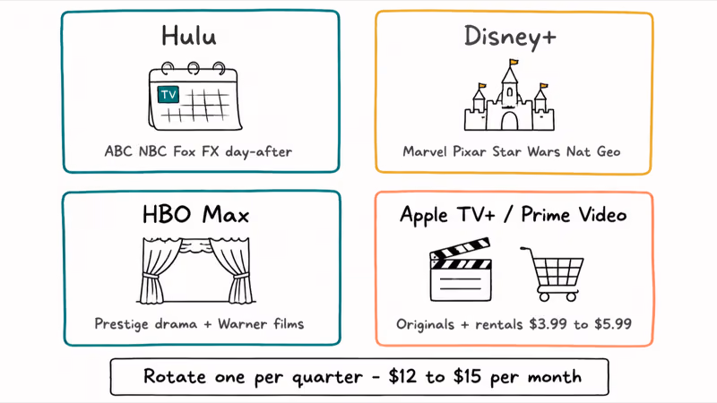 Hand-drawn grid mapping Hulu Disney Plus HBO Max and Apple TV Plus to their content niches