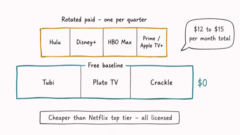 Hand-drawn stack diagram showing free Tubi Pluto Crackle baseline and one rotated paid service per quarter