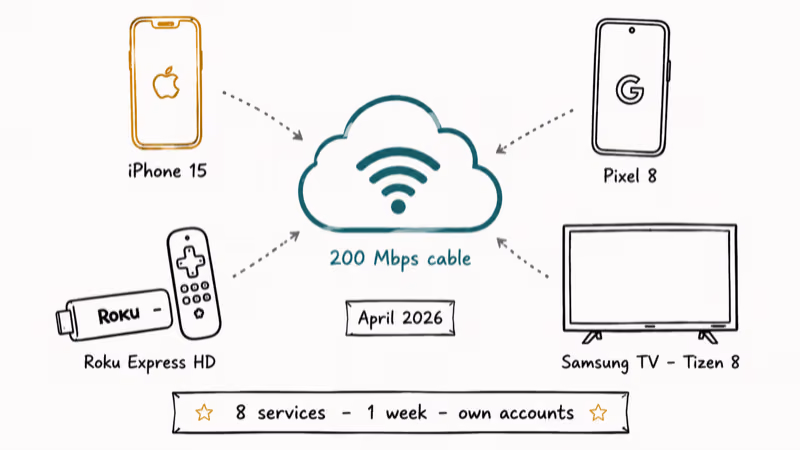 Hand-drawn test bench showing iPhone Pixel Roku and Samsung TV connected to a 200 Mbps cable network