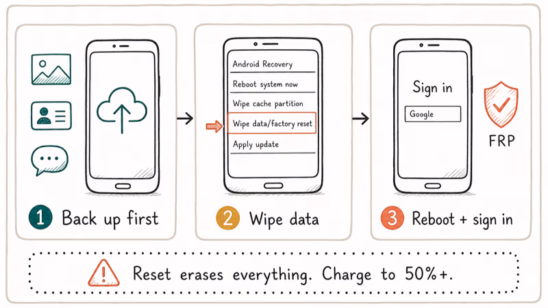 Hand-drawn three-step flow showing backup factory reset and Google sign-in with FRP warning