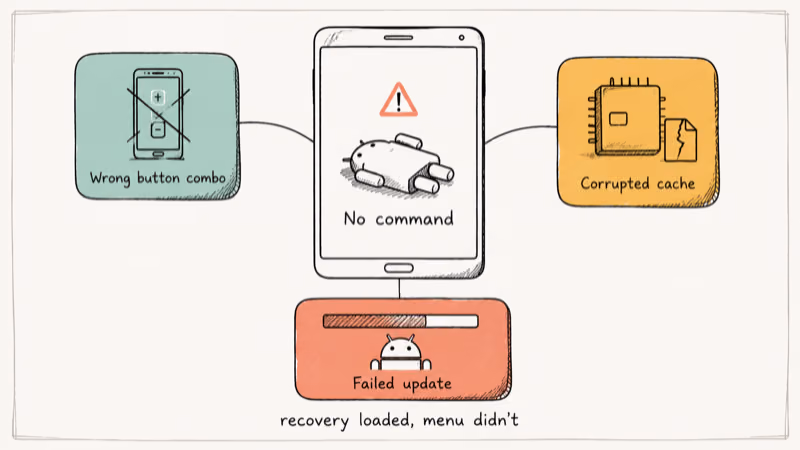 Hand-drawn diagram of Android no command screen with three common root causes labeled around it