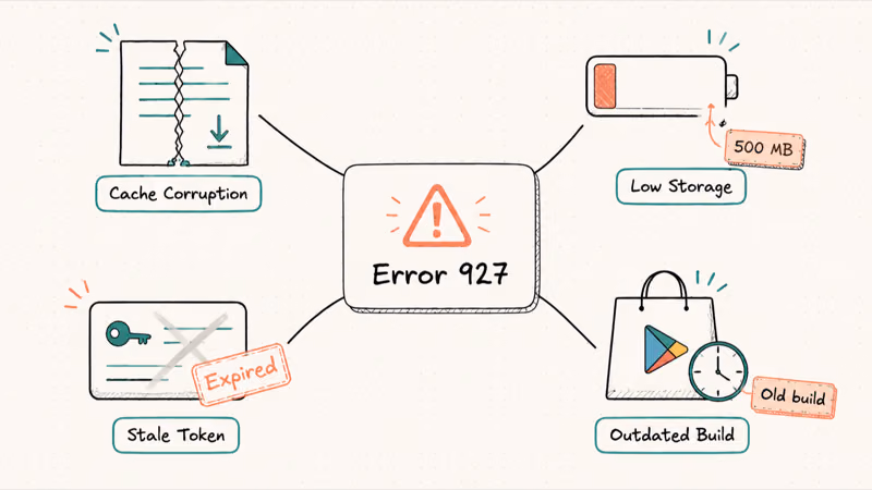 Hand-drawn map of four Error 927 causes including cache storage build and token.