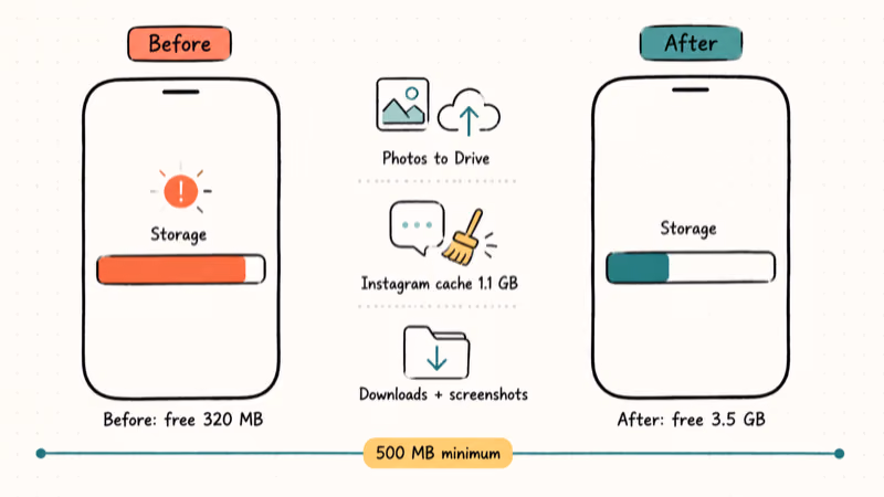 Storage gauge before and after cleanup showing freed gigabytes from cached app data.