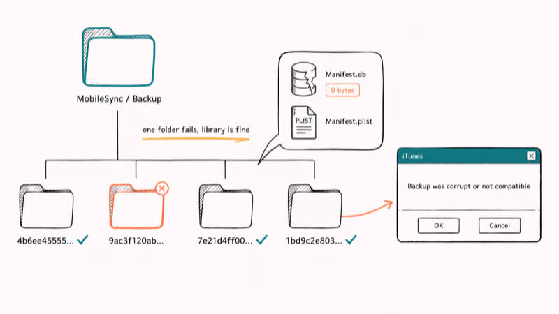 Folder tree showing MobileSync Backup with one corrupt hashed device folder containing a damaged Manifest database file.