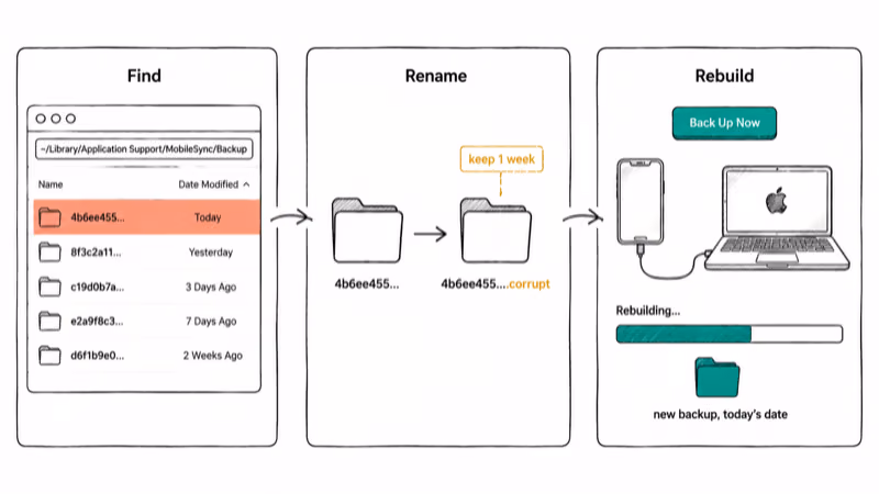 Three-step Mac flow finding the corrupt backup folder, renaming with corrupt suffix, and rebuilding via Back Up Now.