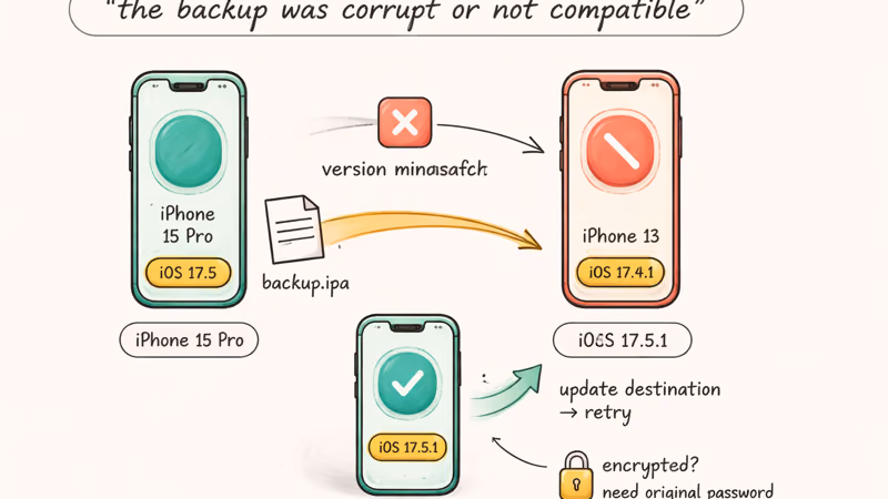 Diagram showing iOS version mismatch blocking restore between a newer source iPhone and older destination iPhone.