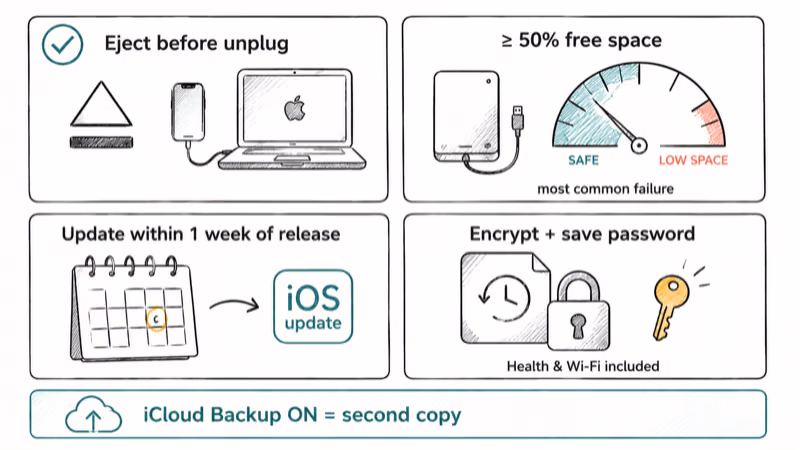 Four-card prevention checklist showing eject habit free space iOS update and encrypted backup with iCloud.