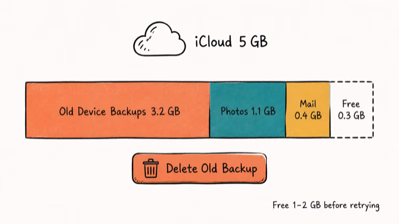 Hand-drawn iCloud storage bar split into backups photos mail with delete old backup button