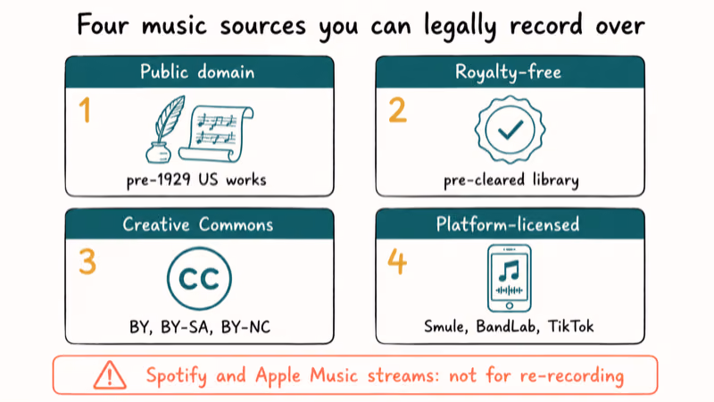 Four licensed background music categories compared with rules for vocal recording over each.