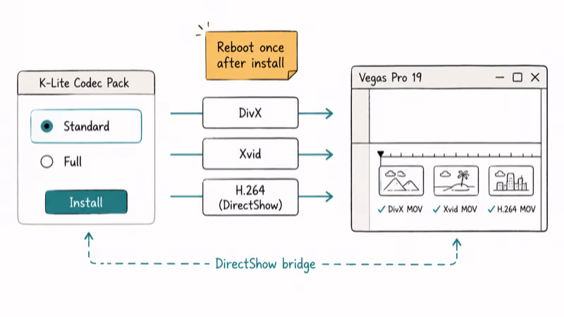 K-Lite Standard installer adding DivX Xvid and H264 decoders that Sony Vegas reads through DirectShow
