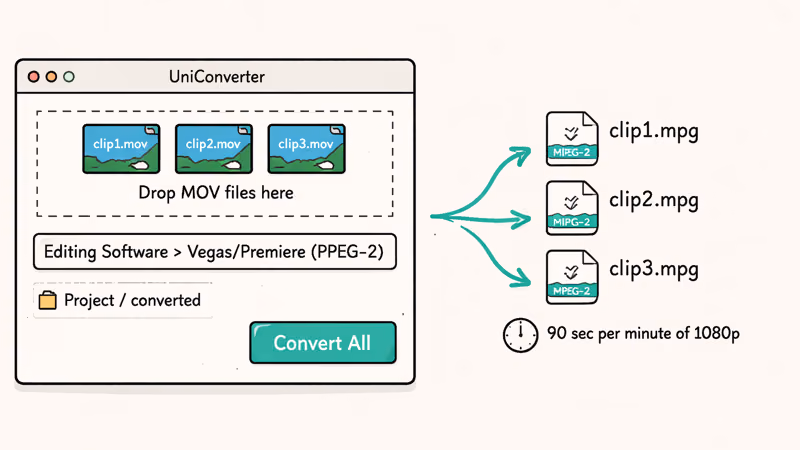 UniConverter window with Vegas Premiere MPEG-2 preset selected and three converted output files