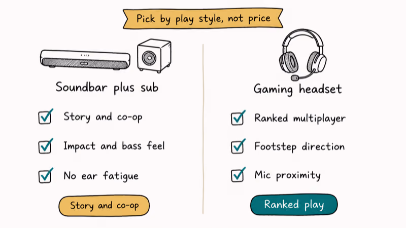 Hand-drawn comparison of gaming soundbar versus headset for story play and ranked competitive