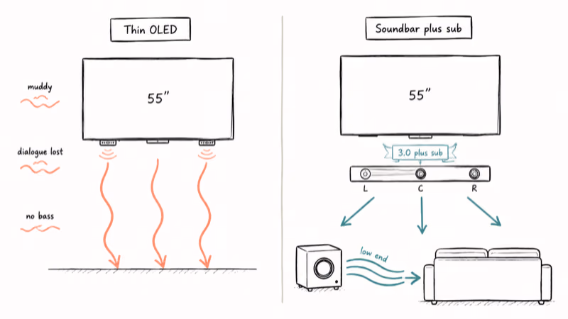 Hand-drawn comparison of thin TV downward speakers versus a soundbar with separate subwoofer