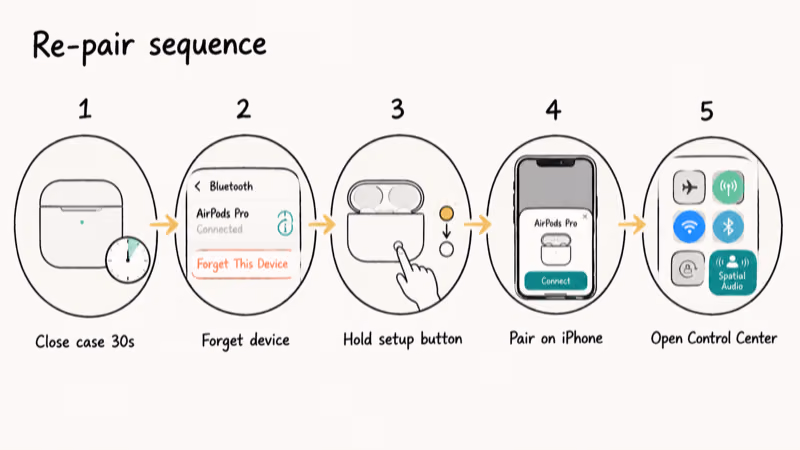 Five-step horizontal flowchart showing AirPods re-pair sequence from case reset through Bluetooth pairing to Control Center