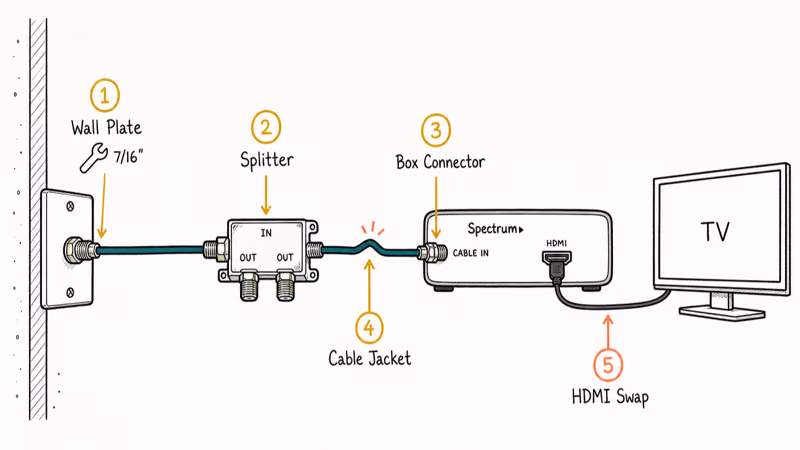 Hand-drawn diagram of coax and HDMI cable inspection points from wall plate through splitter to Spectrum receiver and
