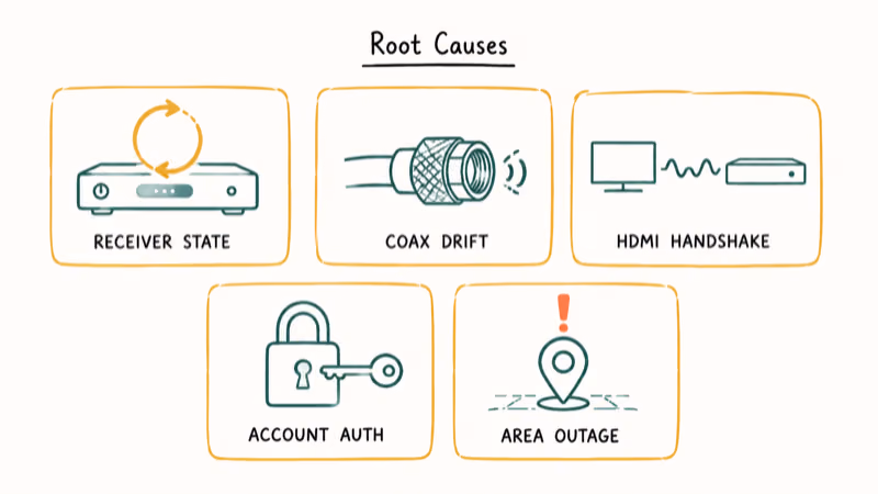 Hand-drawn infographic showing five Spectrum cable root cause categories including receiver, coax, HDMI, account, and outage.