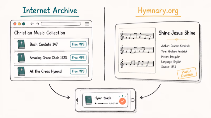 Internet Archive and Hymnary dot org listings for free public domain hymn downloads on a phone.