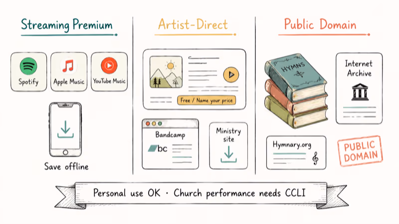 Three legal lanes for downloading spirit songs streaming Premium artist direct and public domain.