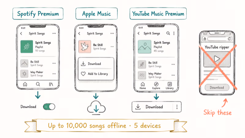 Three-column flowchart showing offline download steps inside Spotify Apple Music and YouTube Music Premium.