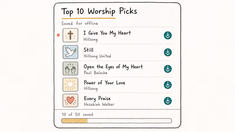 Hand-drawn playlist card previewing top ten worship songs saved for offline listening from major artists.