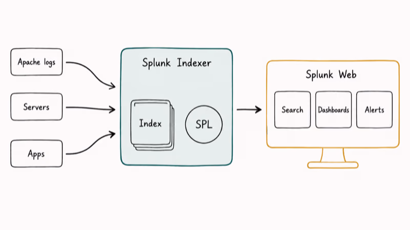 Splunk architecture diagram showing data sources, indexer, SPL engine, and Splunk Web dashboards