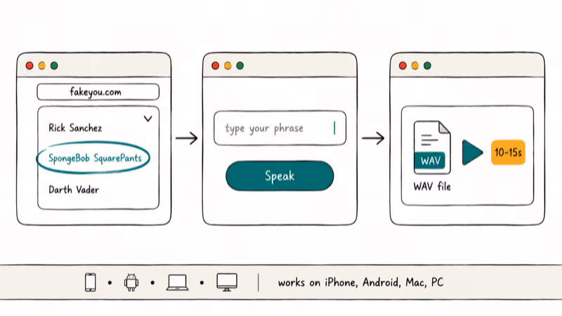 Browser text to speech flow showing voice selection, typed phrase, and downloadable WAV file.