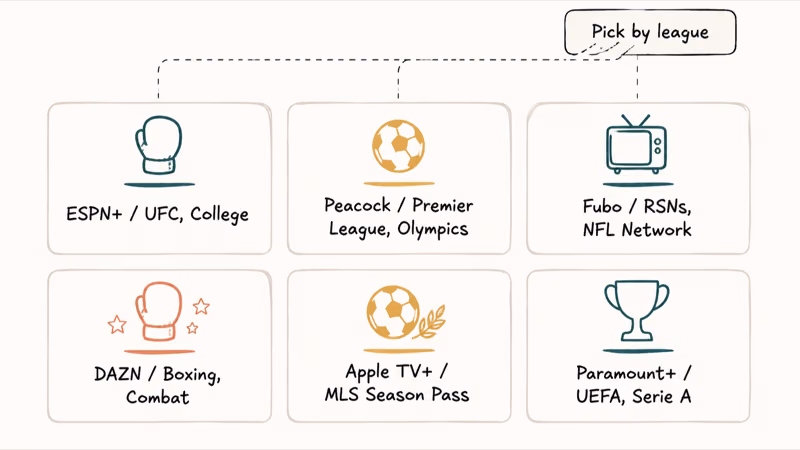 Six rounded cards comparing ESPN Plus, Peacock, Fubo, DAZN, Apple TV Plus, and Paramount Plus by sport.
